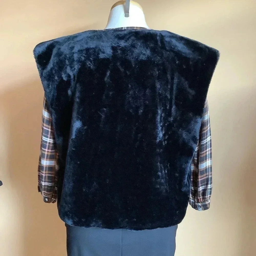 VINTAGE Black Faux Fur Cropped Vest Collarless Open Front Plush Waistcoat XL - Picture 7 of 13